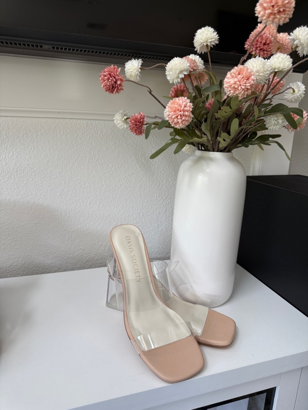 Oasis Society Nude Clear Strap Block Mule